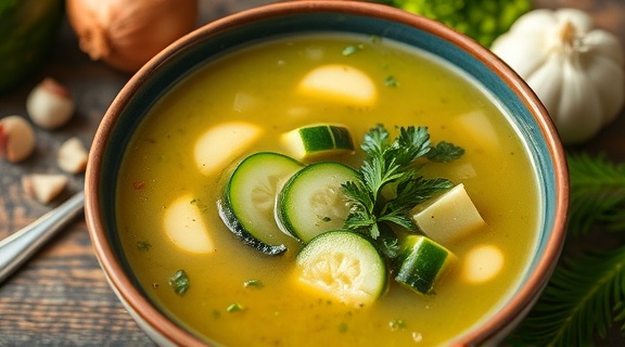 Пошаговый рецепт супа с кабачками и морскими водорослями.