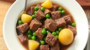 Тушеная говядина с картофелем и зеленым горошком: пошаговый рецепт.