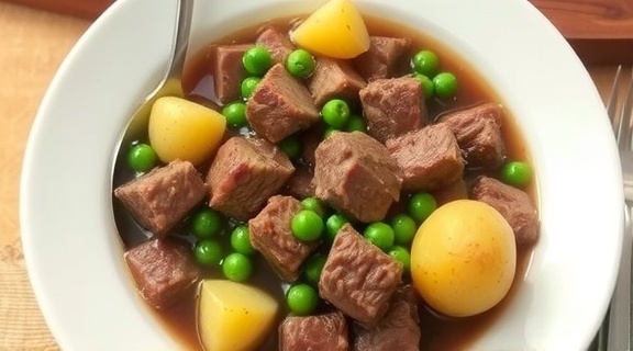 Тушеная говядина с картофелем и зеленым горошком: пошаговый рецепт.