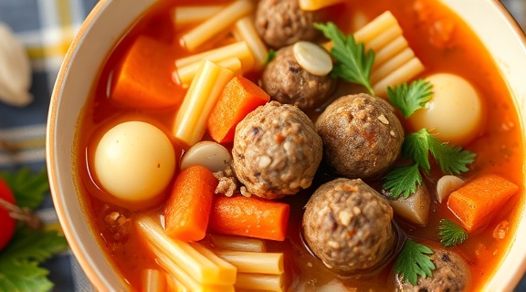 Пошаговый рецепт мясного супа с фрикадельками и вермишелью.