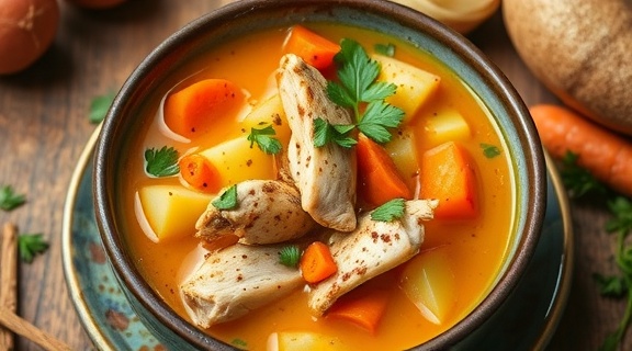 Пошаговый рецепт супа с курицей и картофелем в индийском стиле.