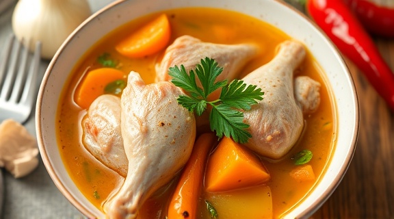 Пошаговый рецепт супа с куриными крылышками и перцем чили.