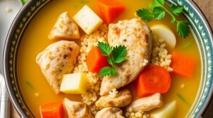 Пошаговый рецепт супа с кускусом и курицей в восточном стиле.