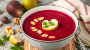 Пошаговый рецепт свекольного супа с грушей и грецкими орехами.