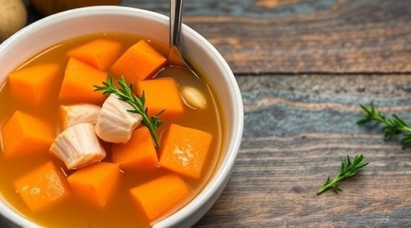 Пошаговый рецепт супа с лососем и сладким картофелем.