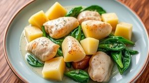 Курица с картофелем и шпинатом в сливочном соусе: пошаговый рецепт.