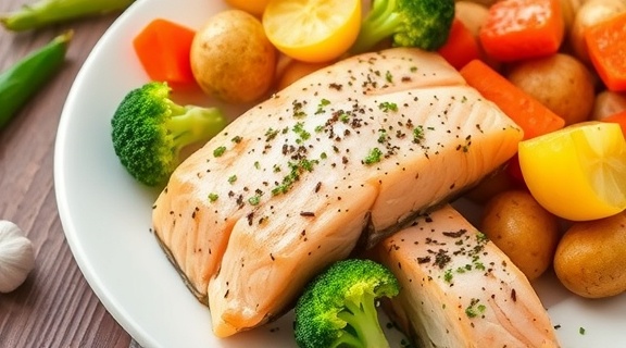 Лосось с картофельным гарниром и овощами: пошаговый рецепт.