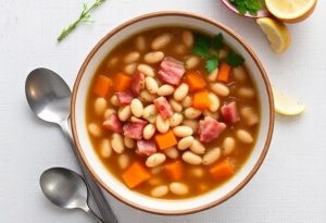 Пошаговый рецепт супа с фасолью, беконом и зеленью.