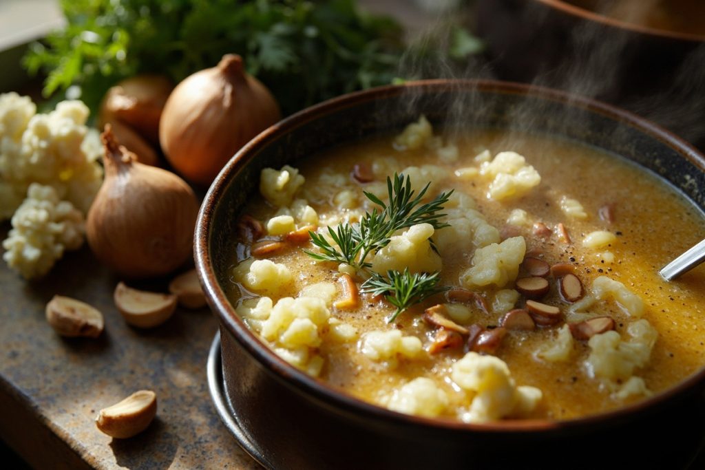 Пошаговый рецепт супа с орехами и цветной капустой.
