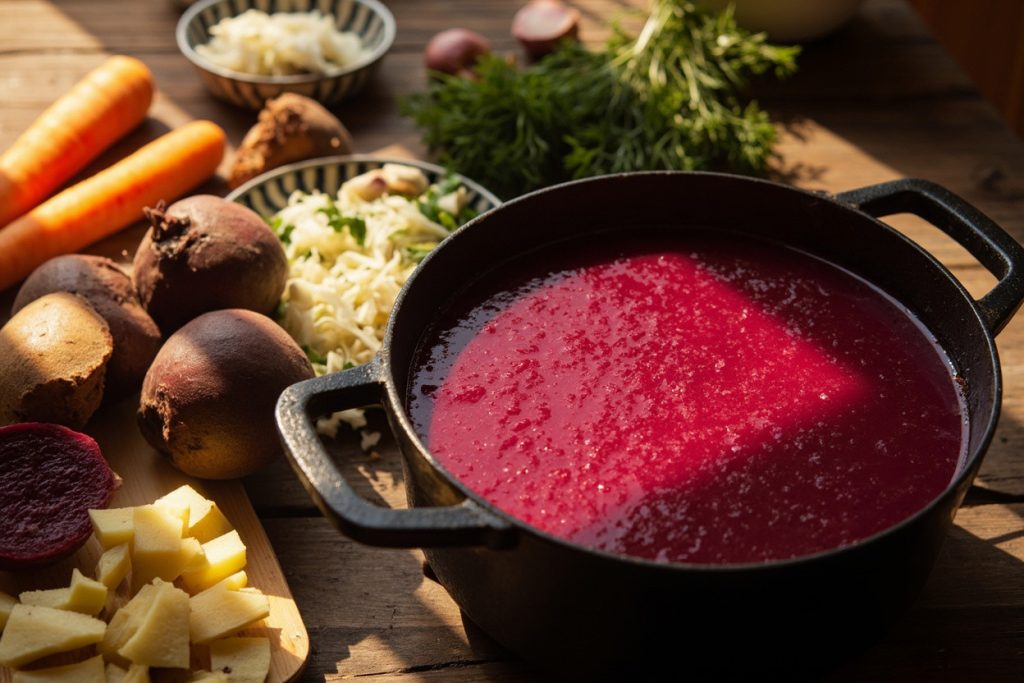 Пошаговый рецепт свекольного супа с картофелем и морковью.