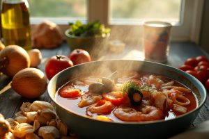 Пошаговый рецепт супа с морепродуктами и томатами.