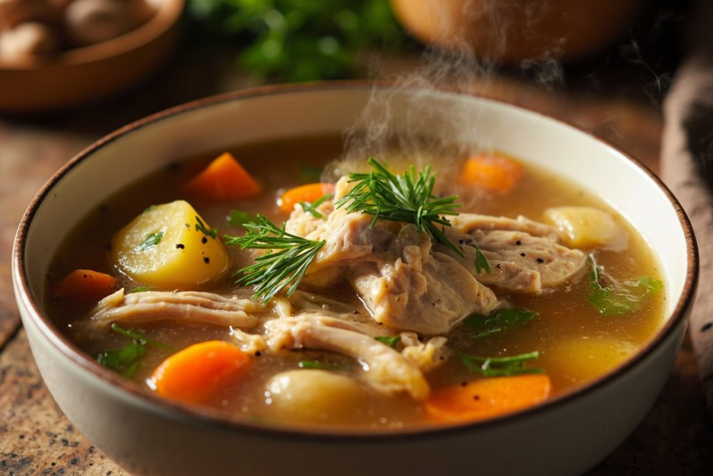 Пошаговый рецепт куриного супа с картошкой и свежими травами.