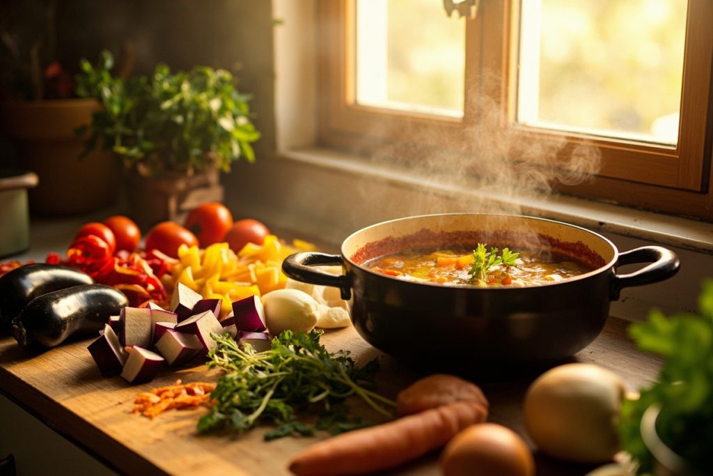 Пошаговый рецепт овощного супа с перцем и баклажанами.