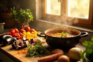 Пошаговый рецепт овощного супа с перцем и баклажанами.