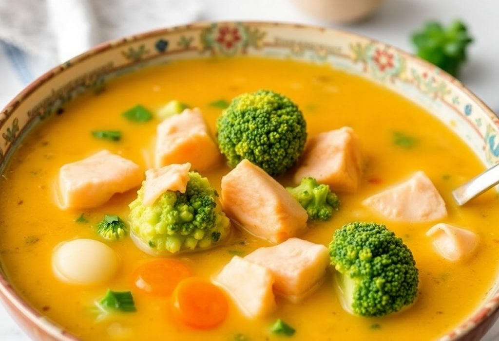 Пошаговый рецепт супа из брокколи с куриным филе и сыром.