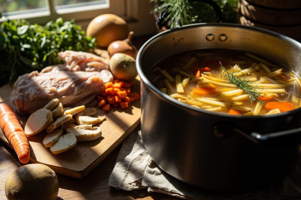 Пошаговый рецепт куриного супа с лапшой и грибами.