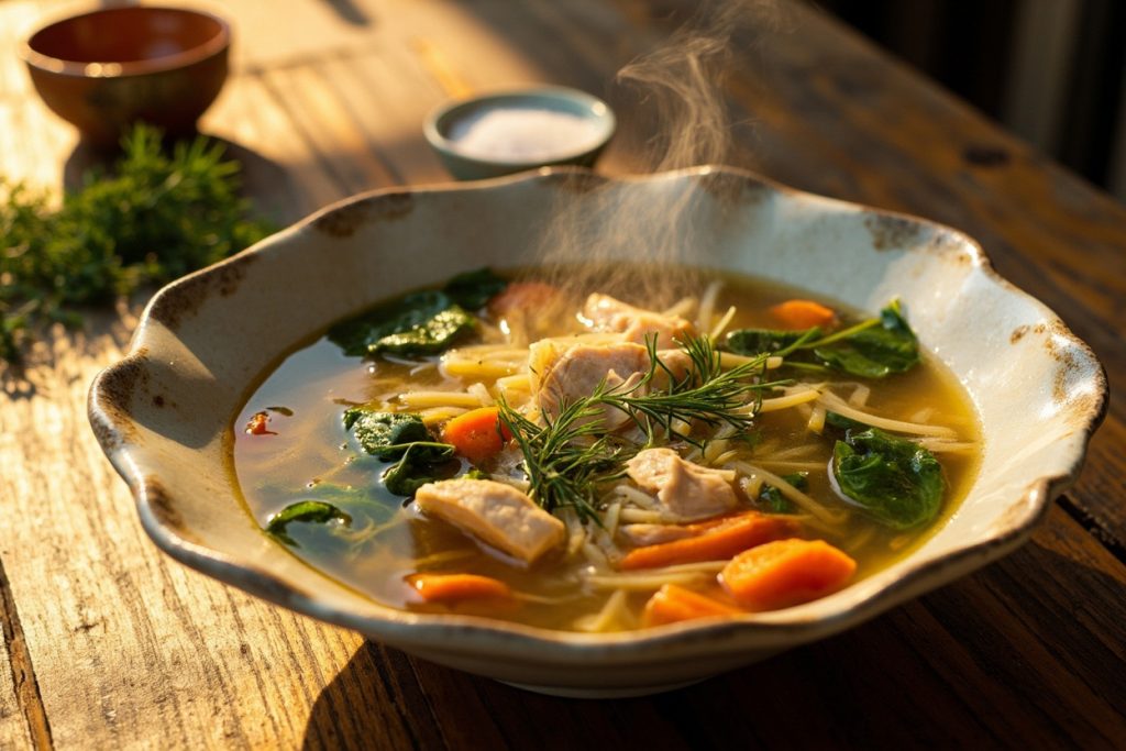 Пошаговый рецепт куриного супа с лапшой и шпинатом.