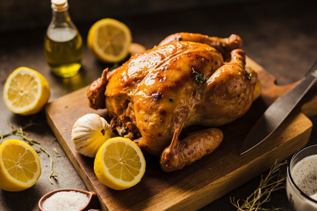 Курица, запеченная с лимоном и чесноком: пошаговый рецепт.