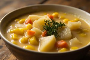 Пошаговый рецепт супа с картофелем и кукурузой.