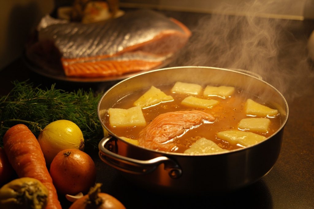 Пошаговый рецепт супа из лосося с картофелем и укропом.