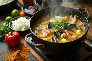 Пошаговый рецепт супа из морепродуктов с кокосовым молоком и карри.