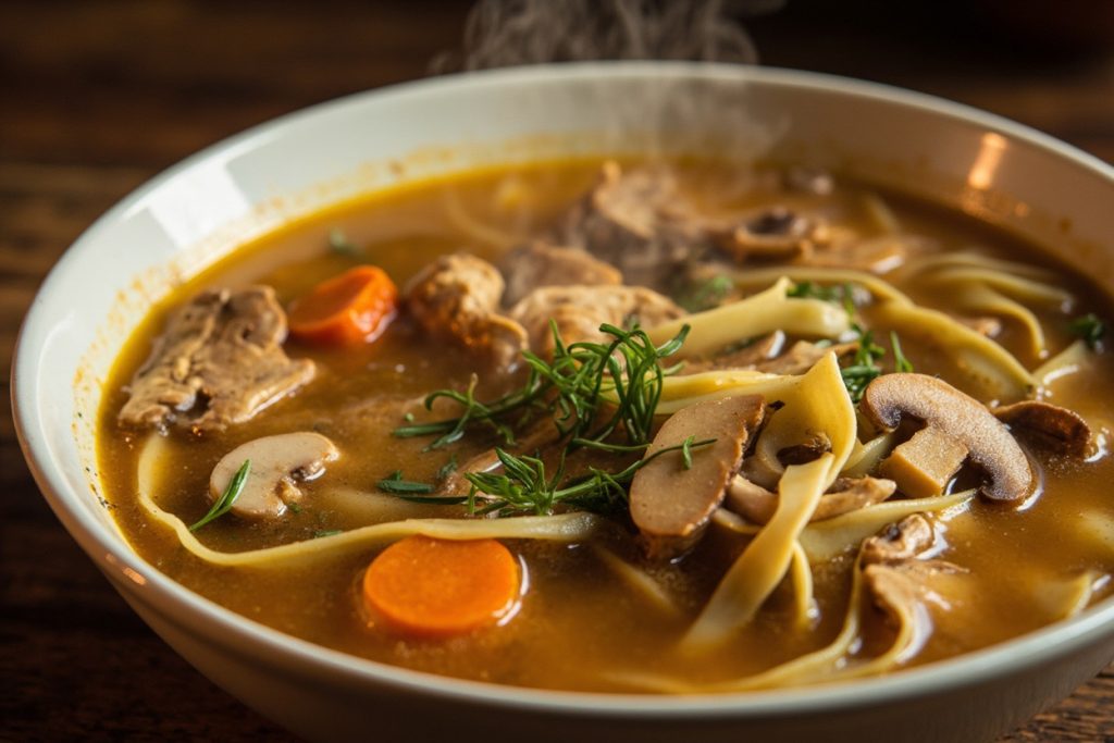 Пошаговый рецепт куриного супа с грибами и лапшой.