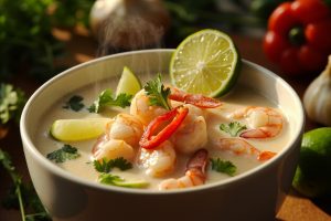 Пошаговый рецепт супа из креветок с кокосовым молоком и лаймом.