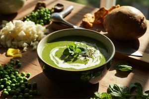 Пошаговый рецепт супа с горошком и мятой.