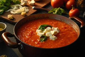 Пошаговый рецепт томатного супа с базиликом и моцареллой.