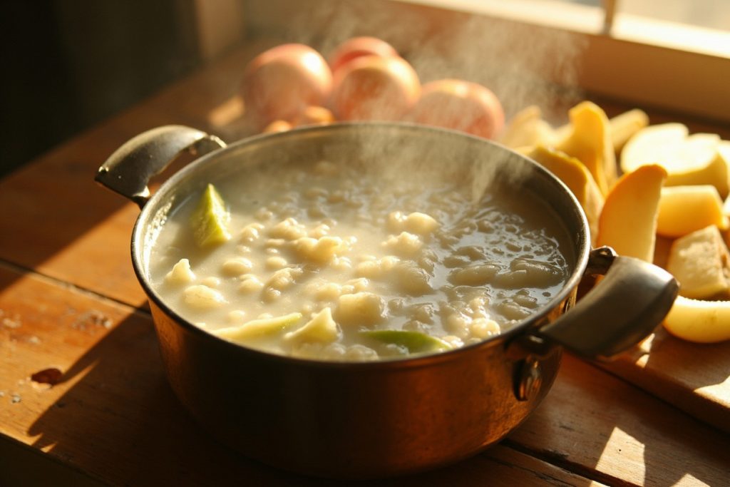 Пошаговый рецепт молочного супа с рисом и фруктами.