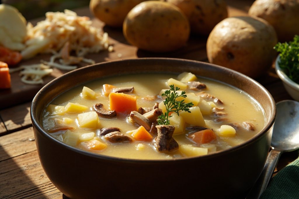 Пошаговый рецепт супа с картошкой, грибами и сметаной.