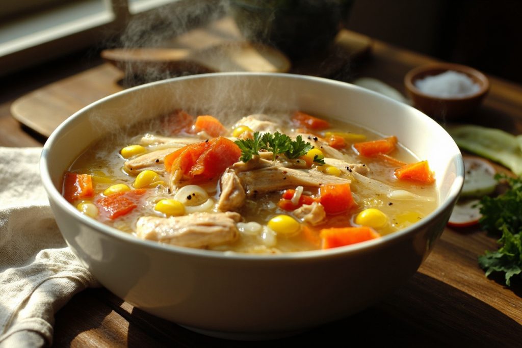 Пошаговый рецепт куриного супа с кукурузой и перцем.