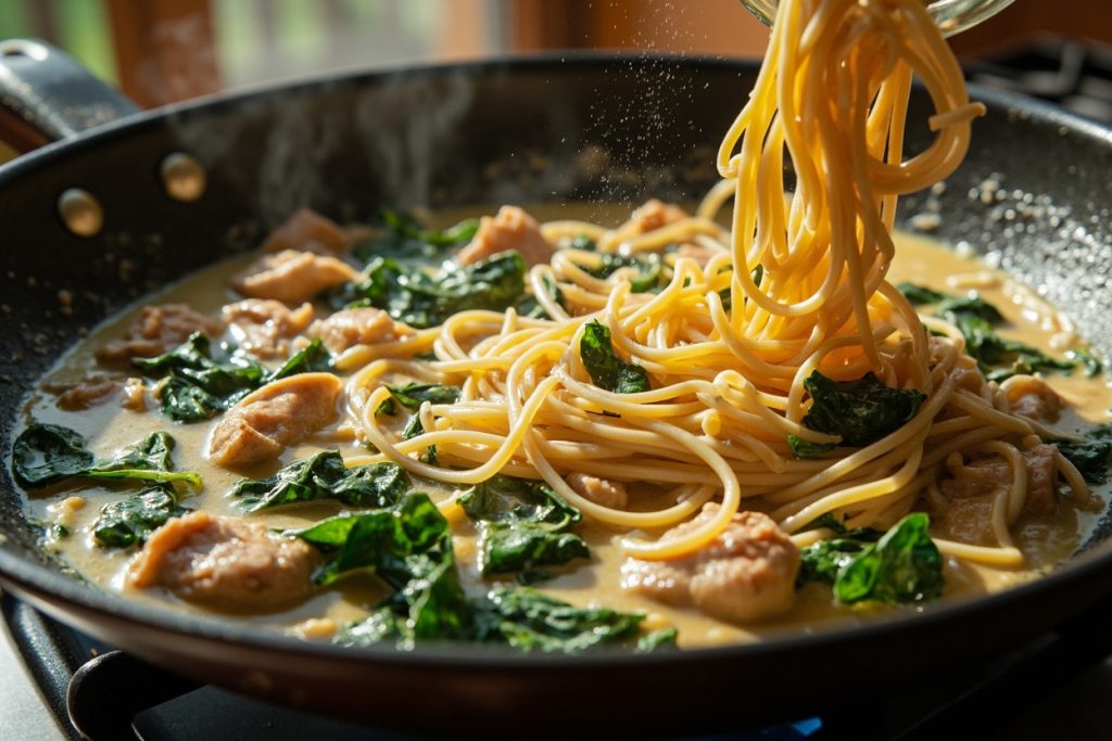 Паста с курицей и шпинатом в сливочном соусе: пошаговый рецепт.