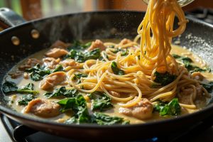 Паста с курицей и шпинатом в сливочном соусе: пошаговый рецепт.