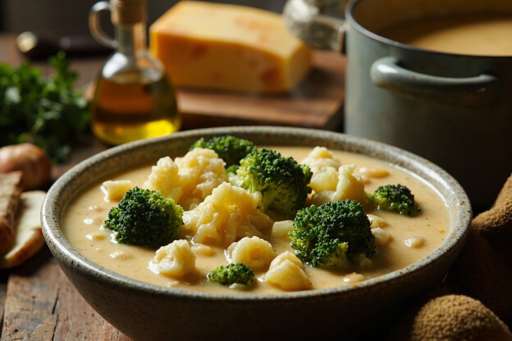 Пошаговый рецепт супа с брокколи и цветной капустой в сырном соусе.