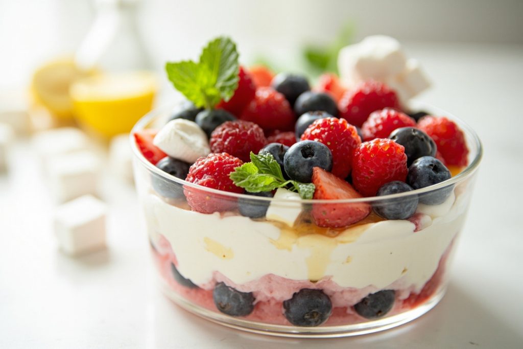 Пошаговый рецепт Зефирного десерта с ягодами и йогуртом.