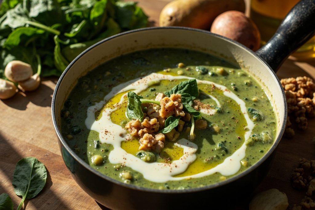 Пошаговый рецепт крем-супа из шпината с грецкими орехами.