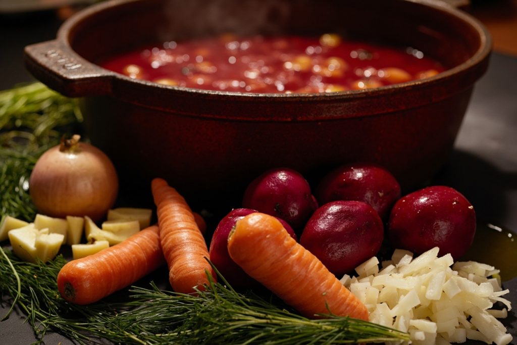 Пошаговый рецепт супа из свеклы с картошкой и укропом.