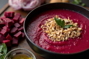 Пошаговый рецепт крем-супа из свеклы с орехами.