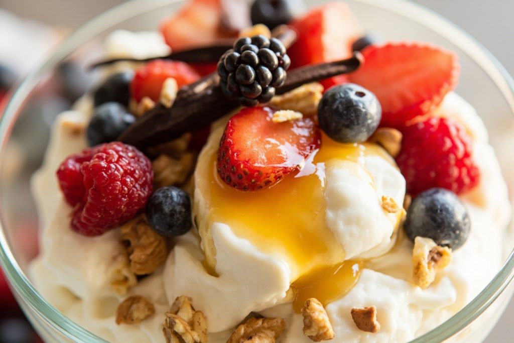 Пошаговый рецепт Творожного десерта с ягодами и медом.