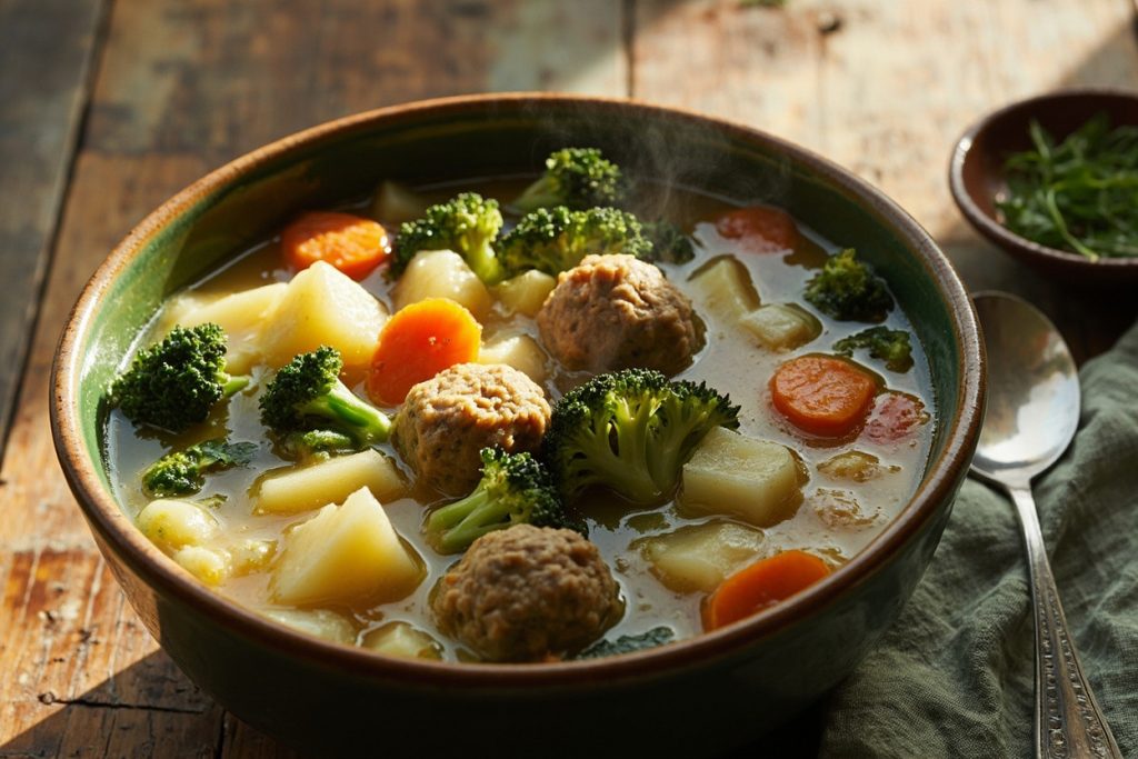 Пошаговый рецепт супа с брокколи и куриными фрикадельками.