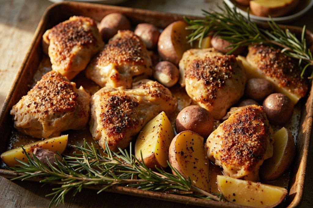 Куриные бедра, запеченные с картофелем и розмарином: пошаговое руководство.