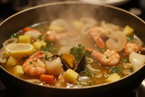 Пошаговый рецепт супа из морепродуктов с лимоном и зеленью.