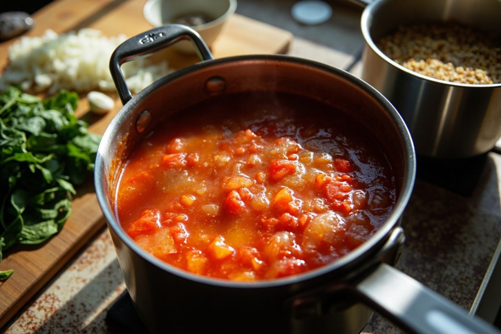 Пошаговый рецепт томатного супа с киноа и шпинатом.