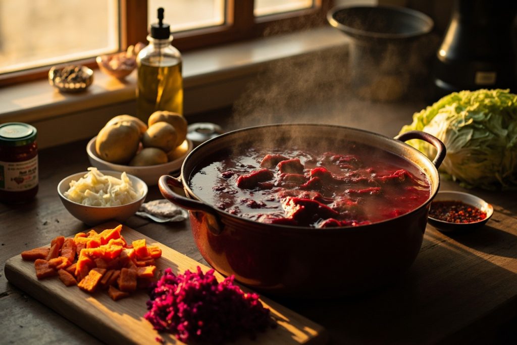 Пошаговый рецепт борща с мясом и свеклой.