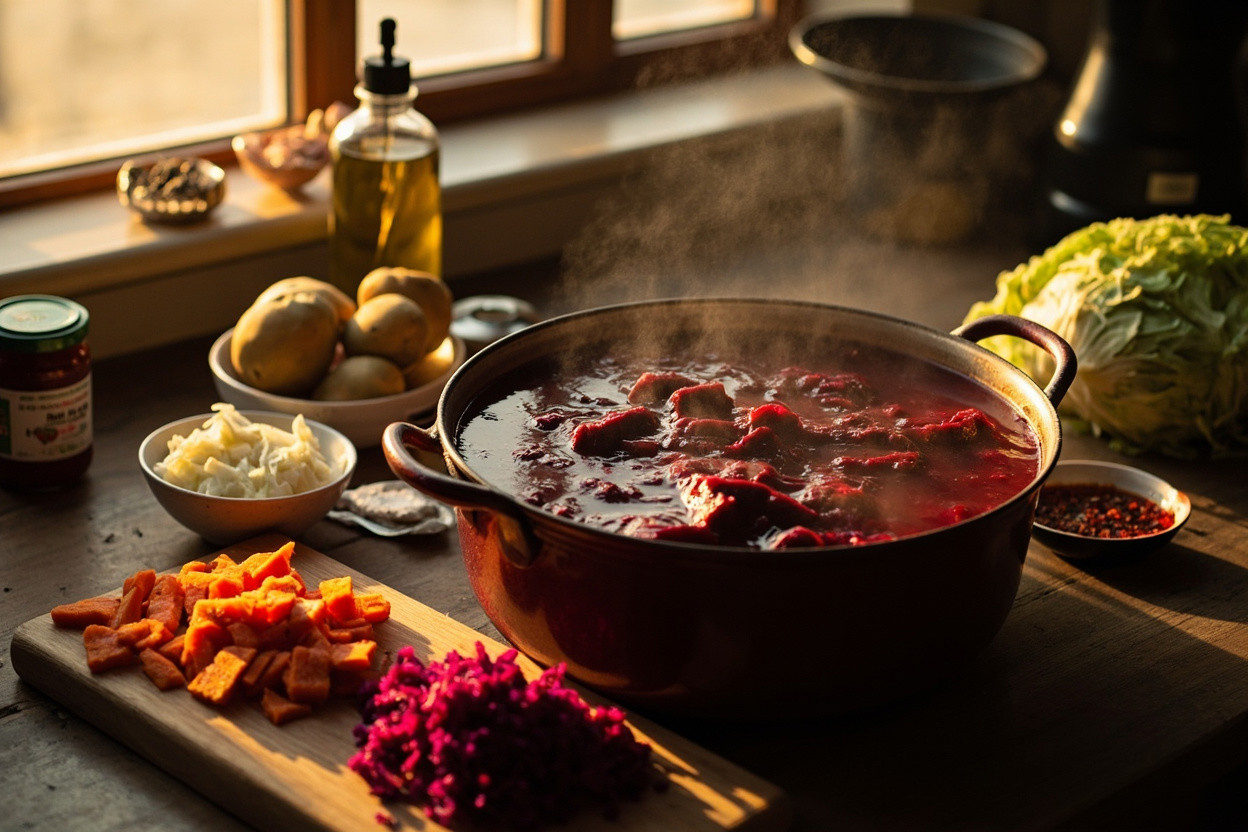 Пошаговый рецепт борща с мясом и свеклой.