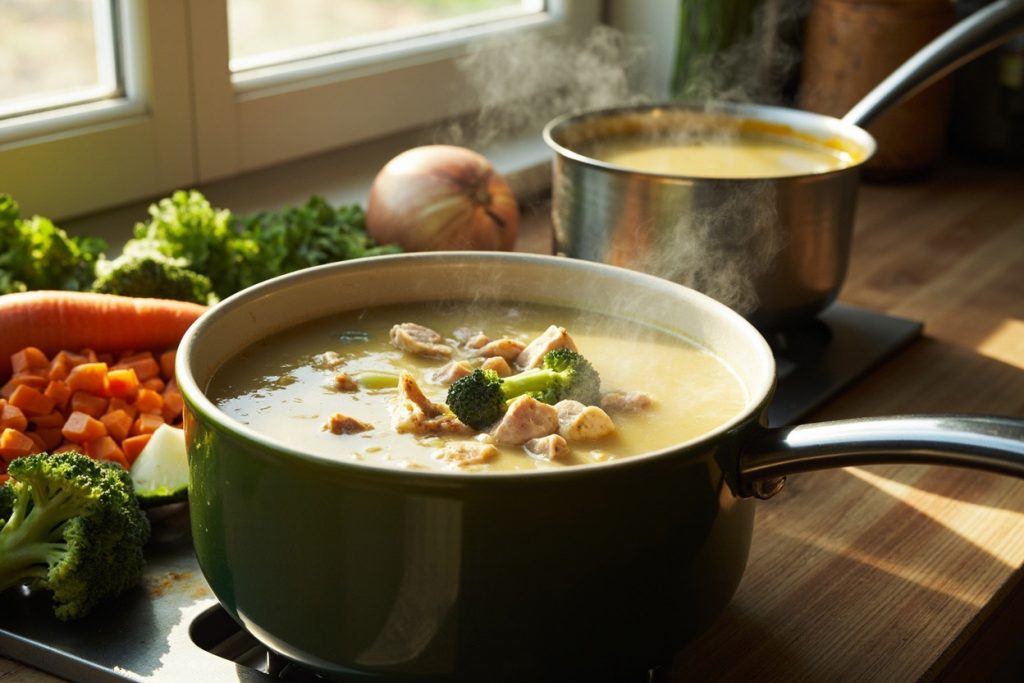 Пошаговый рецепт куриного супа с брокколи и сливками.