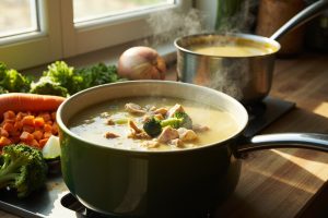 Пошаговый рецепт куриного супа с брокколи и сливками.