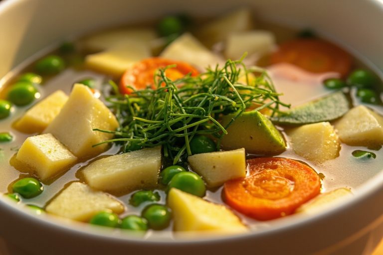 Пошаговый рецепт овощного супа с кабачками и молодым горошком.