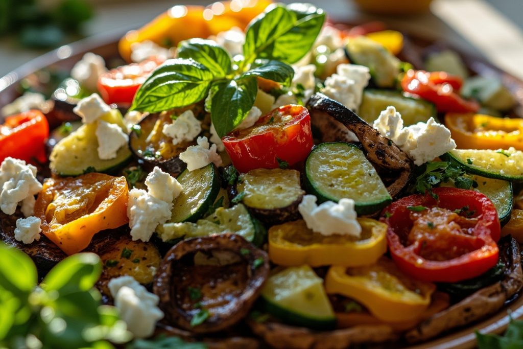 Пошаговый рецепт салата с печеными овощами и фетой.